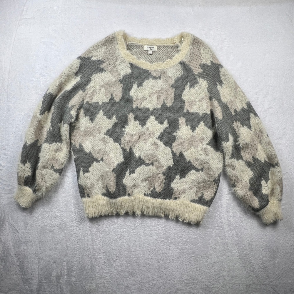 Umgee USA Womens Grey Cream Fuzzy Eyelash Camo Knit Pullover Sweater Size M